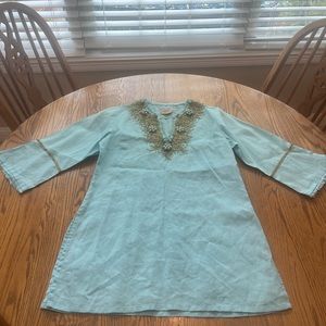 Rungolee Stunning Beaded Linen Coastal Tunic Top Gold Pale Blue M